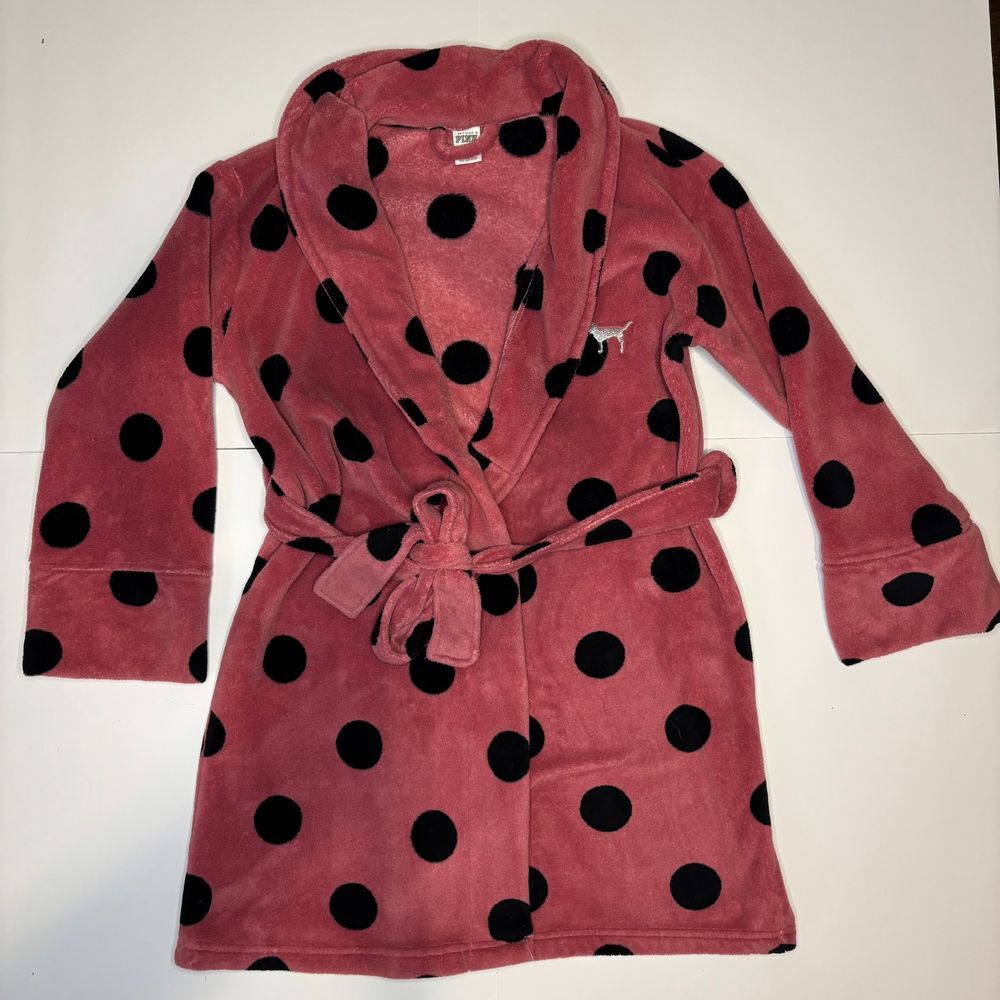 VICTORIA'S SECRET PINK Black Polka Dot Tie Belt Wrap Plush Robe Begonia XS/S‎